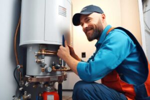 A man in an orange vest and blue overalls repairing a water heater.