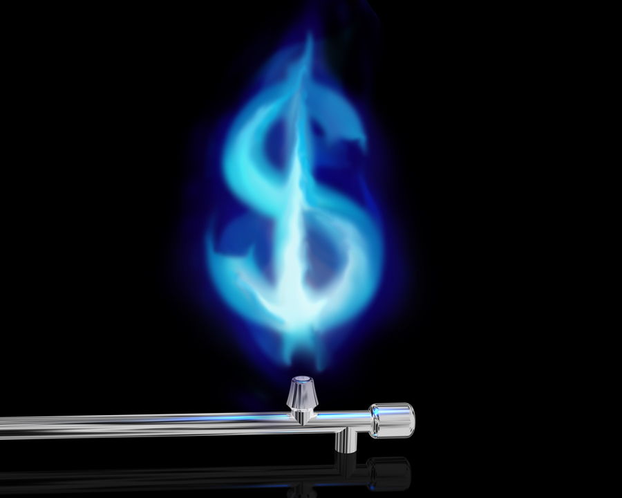 A blue flame emerges from a metal pipe, symbolizing heat or energy.
