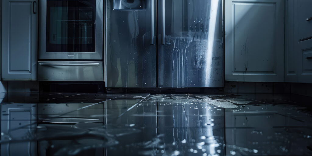 wet floor with a fridge at the background