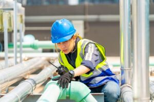 A woman wearing a hard hat and safety vest is working on a pipe at a construction site