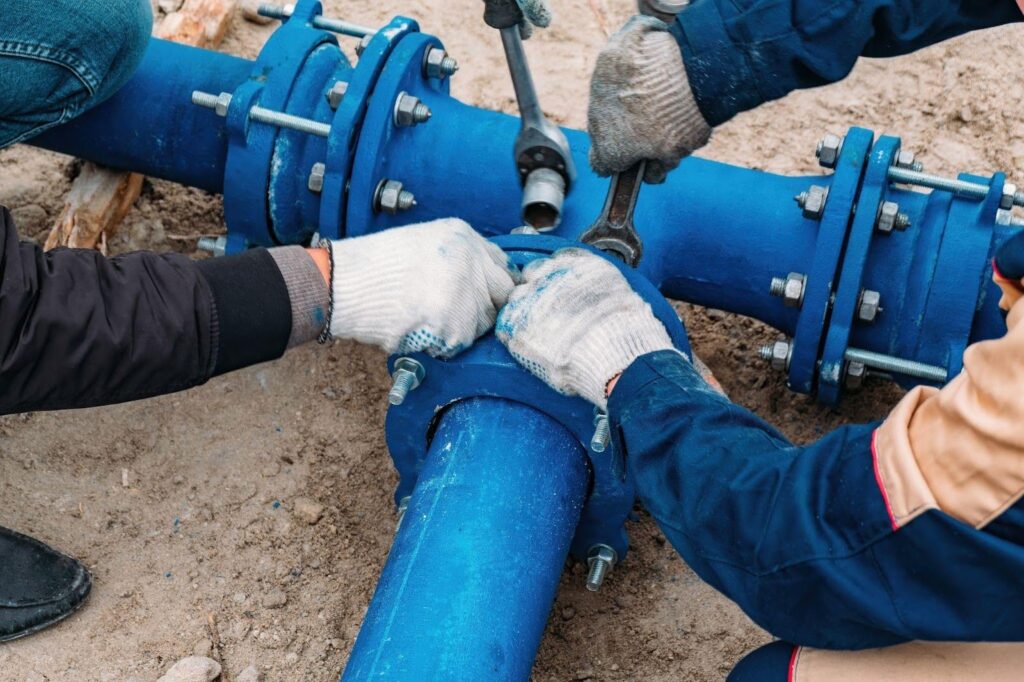 Two men collaborating on a large blue pipe focused on their task in an industrial setting