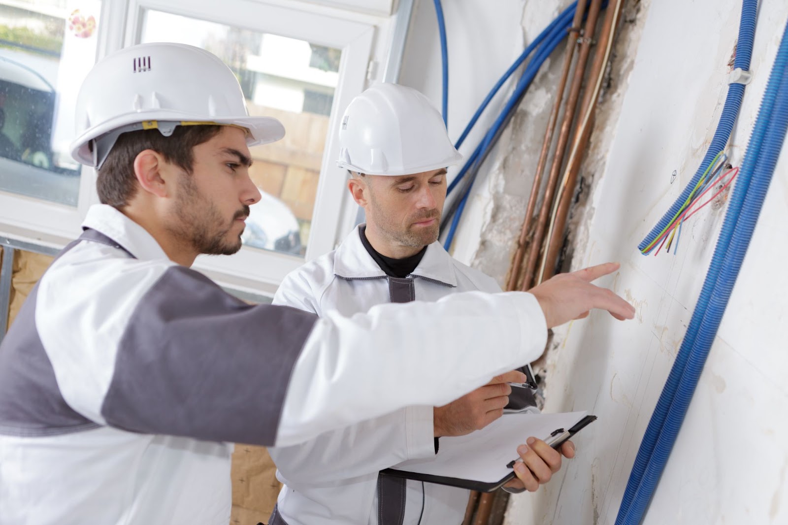Two workers in hard hats inspecting electrical wiring on a wall.