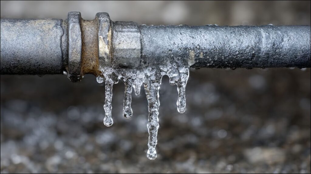 A plumbing pipe with icicles forming and water dripping, suggesting a problem that requires immediate attention.