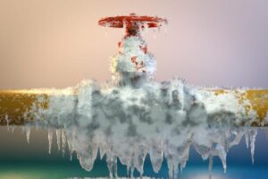A pipe covered in ice stands out against a bright blue sky showcasing the chilly conditions of the environment