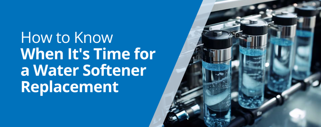 Infographic illustrating signs for replacing a water softener including scale buildup and reduced water quality