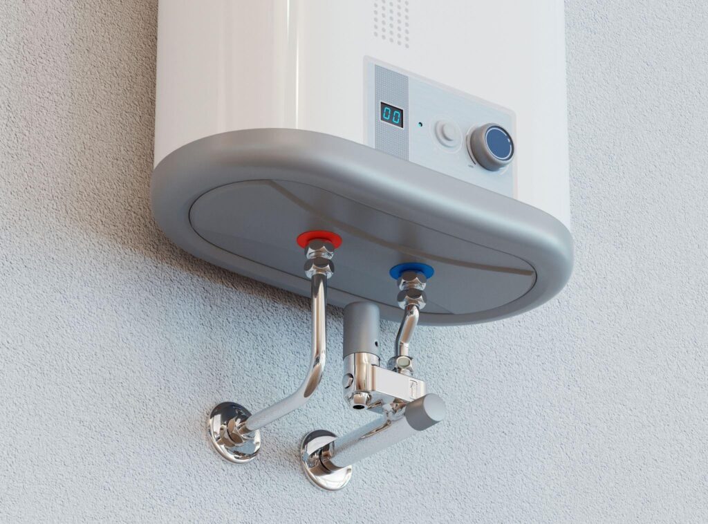 A white water heater installed on a wall emphasizing its efficient use of space in residential settings